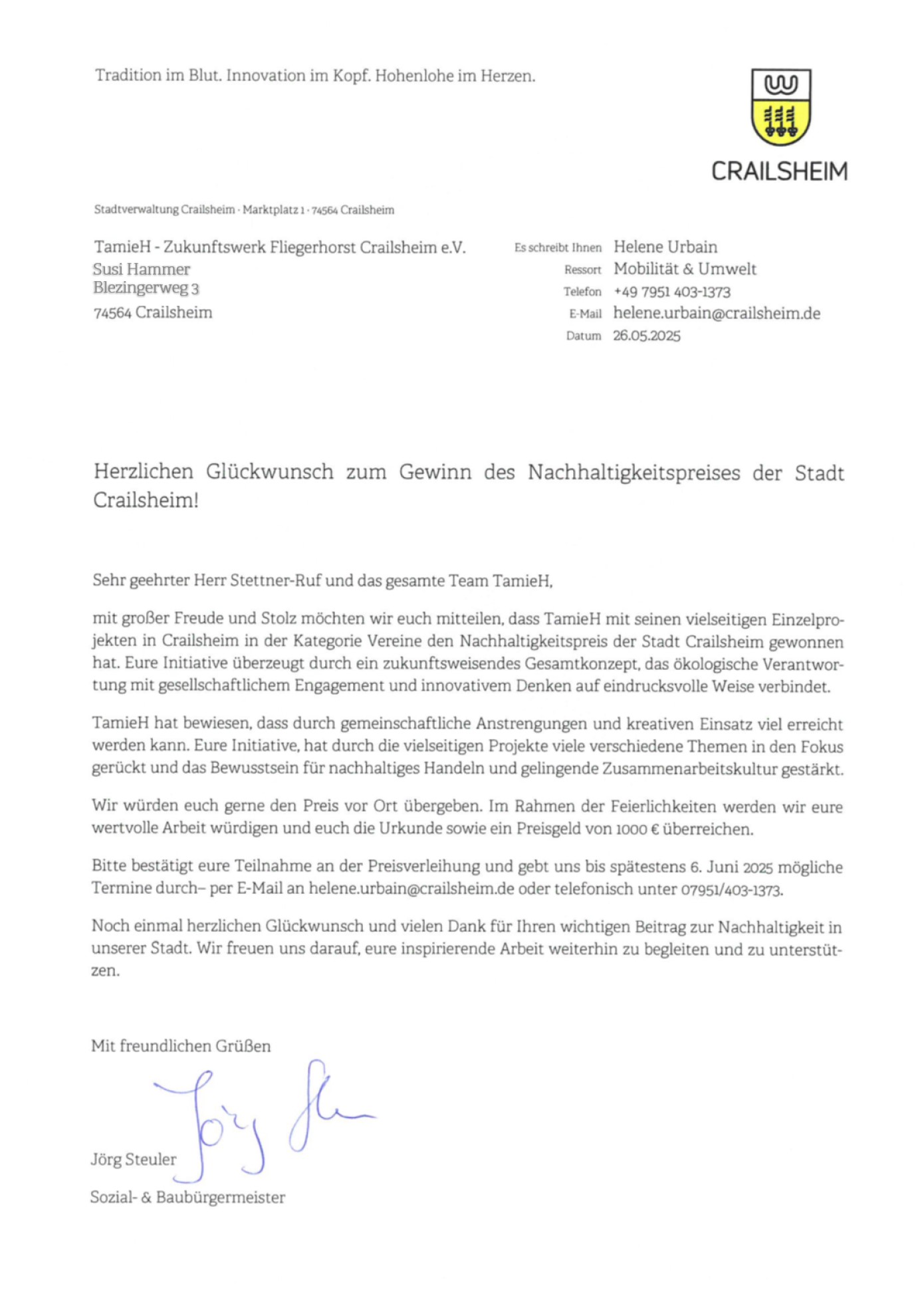 Brief Gewinner Nachhaltigkeitspreis Brief Gewinner Nachhaltigkeitspreis